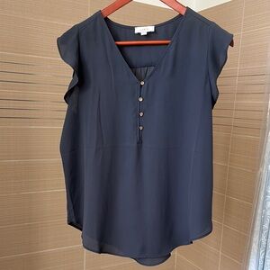 LOFT Dark Grey Buttoned Blouse with Ruffled Cap Sleeves